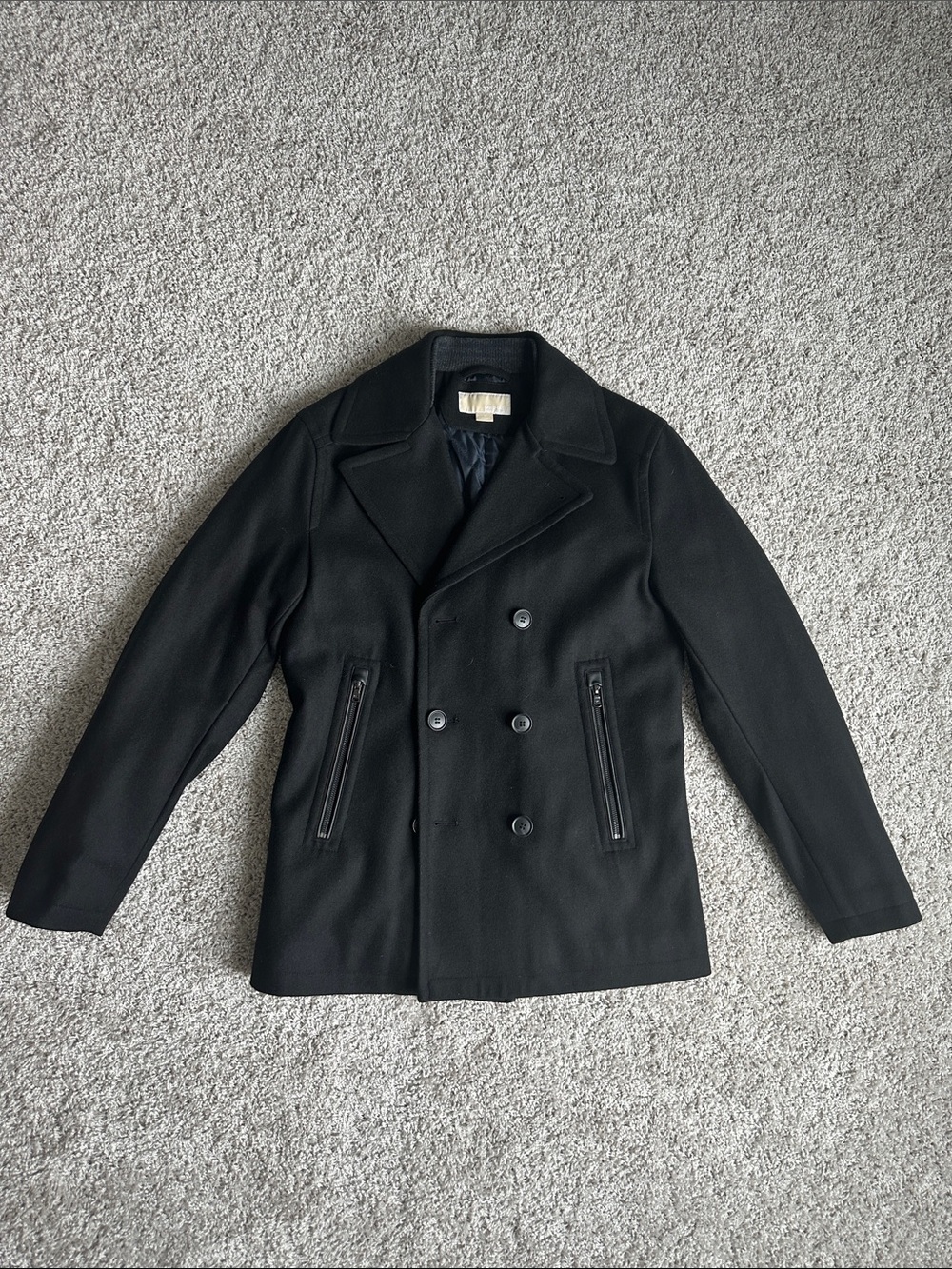 MICHAEL Michael Kors Men's Black Double-Breasted Wool Peacoat with Zip Pockets